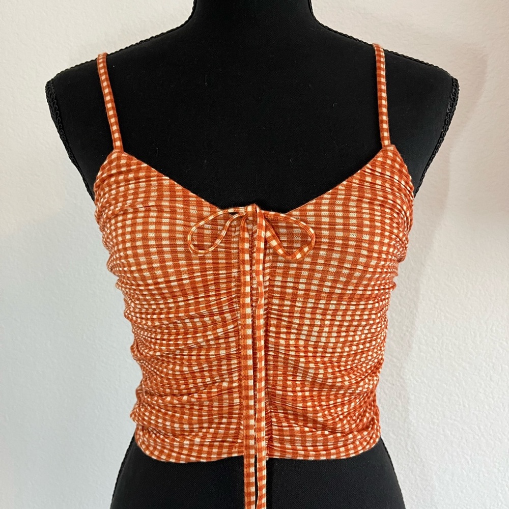 Zara Orange and White Ruched Gingham V-Neck Cropped Tank